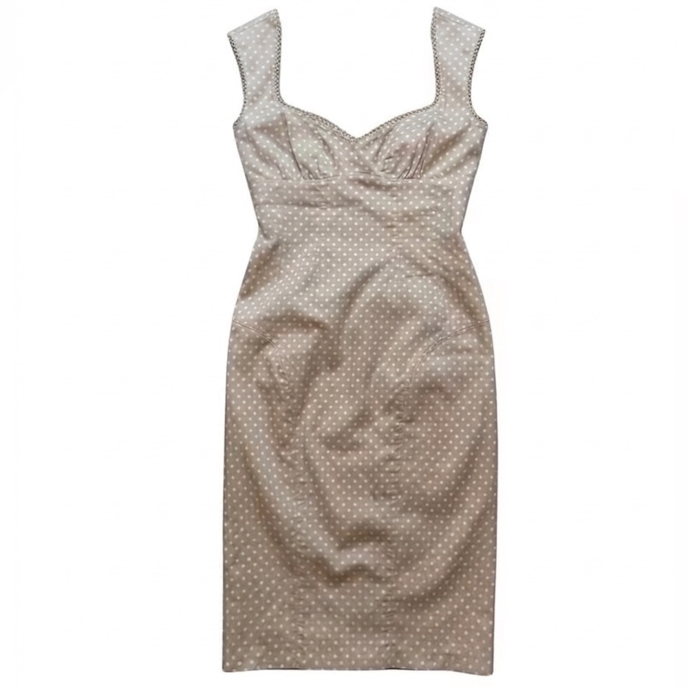 Warehouse London Wiggle Dress Tan White Polka Dot Pencil US 6 Small Sweetheart